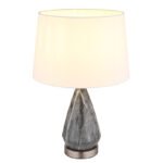Lampă de masă din metal nichel mat, textil alb, cablu textil negru, întrerupător pe cablu, bază metalică cu aspect de marmură, ø: 350mm, H: 540mm, lungime cablu 1500mm, fără 1x E27 40W 230V