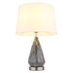 Lampă de masă din metal nichel mat, textil alb, cablu textil negru, întrerupător pe cablu, bază metalică cu aspect de marmură, ø: 350mm, H: 540mm, lungime cablu 1500mm, fără 1x E27 40W 230V - imagine 4