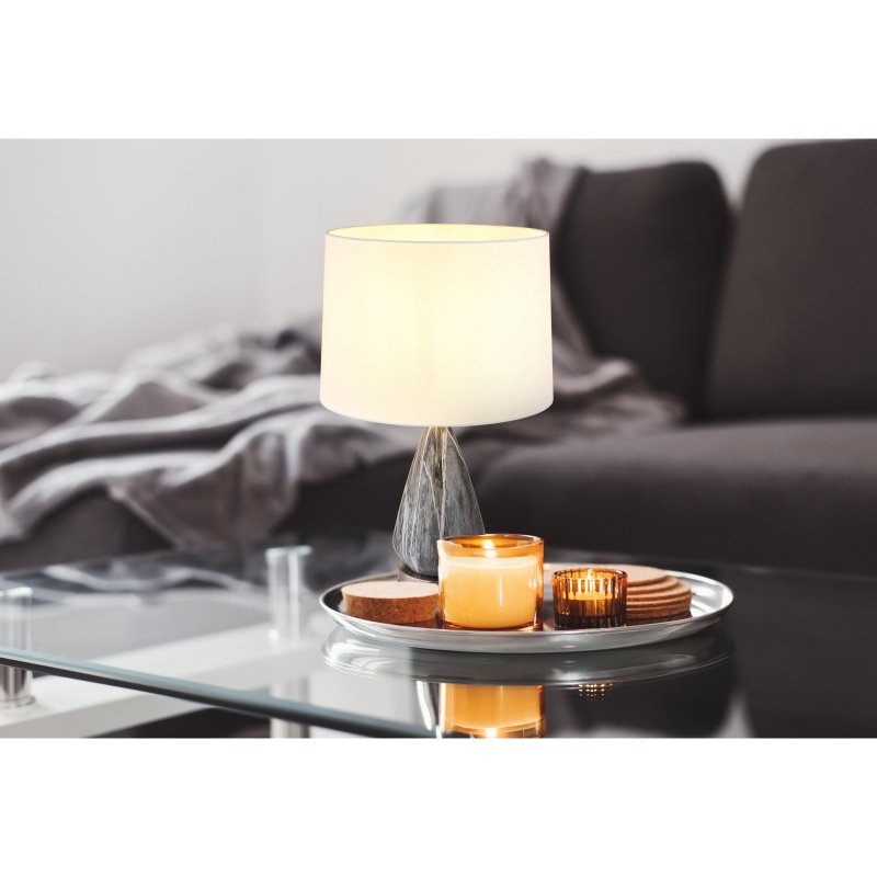 kisa-24147w-g28720-6 Lampă de masă din metal nichel mat, textil alb, cablu textil negru, întrerupător pe cablu, bază metalică cu aspect de marmură, ø: 350mm, H: 540mm, lungime cablu 1500mm, fără 1x E27 40W 230V - imagine 1