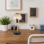 Lampă de masă din metal negru mat, metal auriu periat, sticlă de chihlimbar, cablu PVC negru, touch on/off, ø: 150mm, H: 320mm, lungime cablu 1500mm, fără 1x E14 25W 230V - imagine 2