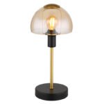Lampă de masă din metal negru mat, metal auriu periat, sticlă de chihlimbar, cablu PVC negru, touch on/off, ø: 150mm, H: 320mm, lungime cablu 1500mm, fără 1x E14 25W 230V