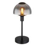 Lampă de masă din metal negru mat, sticlă de culoare fumurie, cablu PVC negru, touch on/off, ø: 150mm, H: 320mm, lungime cablu 1500mm, fără 1x E14 25W 230V