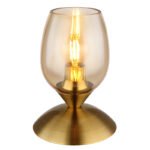 Lampă de masă din metal alamă mată, sticlă de culoare chihlimbar, cablu PVC negru, touch on/off, ø: 125mm, H: 180mm, lungime cablu 1500mm, fără 1x E14 25W 230V