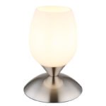 Lampă de masă din metal nichel mat, sticlă opalină, cablu PVC negru, touch on/off, ø: 125mm, H: 180mm, lungime cablu 1500mm, excl. 1x E14 25W 230V