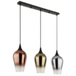 Lampă suspendată metal negru mat, sticlă de culoare cupru, aurie, cromată, cablu textil negru, înălțimea poate fi redusă, LxLxA: 830x180x1200mm, excl. 3x E27 60W 230V - imagine 3