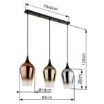 Lampă suspendată metal negru mat, sticlă de culoare cupru, aurie, cromată, cablu textil negru, înălțimea poate fi redusă, LxLxA: 830x180x1200mm, excl. 3x E27 60W 230V - imagine 6