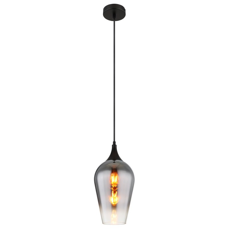 lavus-15552h3-g28791 Lampă suspendată metal negru mat, sticlă cromată, cablu textil negru, înălțimea poate fi redusă, ø: 180mm, H: 1200mm, excl. 1x E27 60W 230V - imagine 1