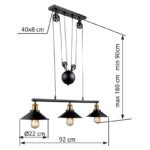 Suspensie negru, alamă antic, 4 roti intre, 90-180 cm, reglabil pe înălțime, LxWxH: 920x220x1800, excl.3xE27 60W 230V - imagine 6
