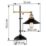 Veioza negru metalic, alama antic, reglabil, intrerupator, LxWxH: 350x220x455,  excl.  1xE27 60W 230V - imagine 3