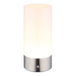 Lampă de masă metal nichel mat, plastic opal, cablu PVC alb, touch on/off, touch dimmer, schimbător de culori RGB, excl. adaptor, USB-C - USB-C, IP44, ø: 88mm, H: 190mm, cablu 1000mm, incl. RGBW LED 1.8W 230V, sursă 160lm, ieșire 100lm, 2900K
