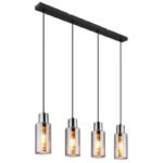 Lampă suspendată metal negru mat, sticlă de culoare fumurie, cablu PVC negru, înălțimea poate fi redusă, LxLxA: 820x100x1200mm, fără 4x E27 25W 230V
