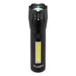 Lanternă aluminiu negru mat, plastic transparent, buton, comutator în trepte, USB-A 2.0/USB-C, efect de pâlpâire, con de lumină reglabil, luminează până la 80 m, H:115mm, incl. LED 3W 3V, 100lm ieșire, 5500K, incl. LED 3W 230V, 130lm ieșire, 5000K