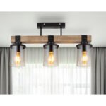 Plafonieră metal negru mat, lemn maro închis, sticlă fumurie, cablu PVC negru, L x l x I: 520x100x286mm, fără becuri 3xE27 60W 230V - imagine 2
