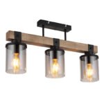 Plafonieră metal negru mat, lemn maro închis, sticlă fumurie, cablu PVC negru, L x l x I: 520x100x286mm, fără becuri 3xE27 60W 230V