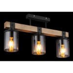 Plafonieră metal negru mat, lemn maro închis, sticlă fumurie, cablu PVC negru, L x l x I: 520x100x286mm, fără becuri 3xE27 60W 230V - imagine 3