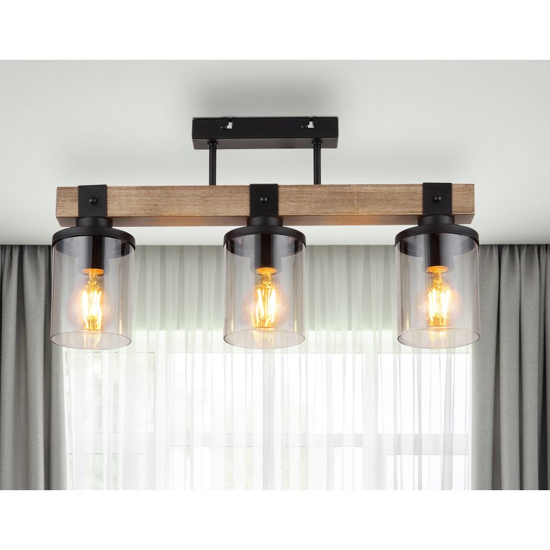 lila-15555-3d-g27759-6 Plafonieră metal negru mat, lemn maro închis, sticlă fumurie, cablu PVC negru, L x l x I: 520x100x286mm, fără becuri 3xE27 60W 230V - imagine 1