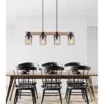 Corp de iluminat suspendat metal negru mat, lemn maro închis, sticlă fumurie, cablu PVC negru, L x l x I: 730x100x1330mm, fără becuri 4xE27 60W 230V - imagine 2