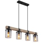 Corp de iluminat suspendat metal negru mat, lemn maro închis, sticlă fumurie, cablu PVC negru, L x l x I: 730x100x1330mm, fără becuri 4xE27 60W 230V