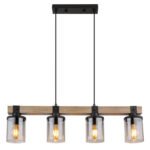 Corp de iluminat suspendat metal negru mat, lemn maro închis, sticlă fumurie, cablu PVC negru, L x l x I: 730x100x1330mm, fără becuri 4xE27 60W 230V - imagine 4