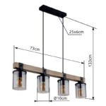 Corp de iluminat suspendat metal negru mat, lemn maro închis, sticlă fumurie, cablu PVC negru, L x l x I: 730x100x1330mm, fără becuri 4xE27 60W 230V - imagine 6