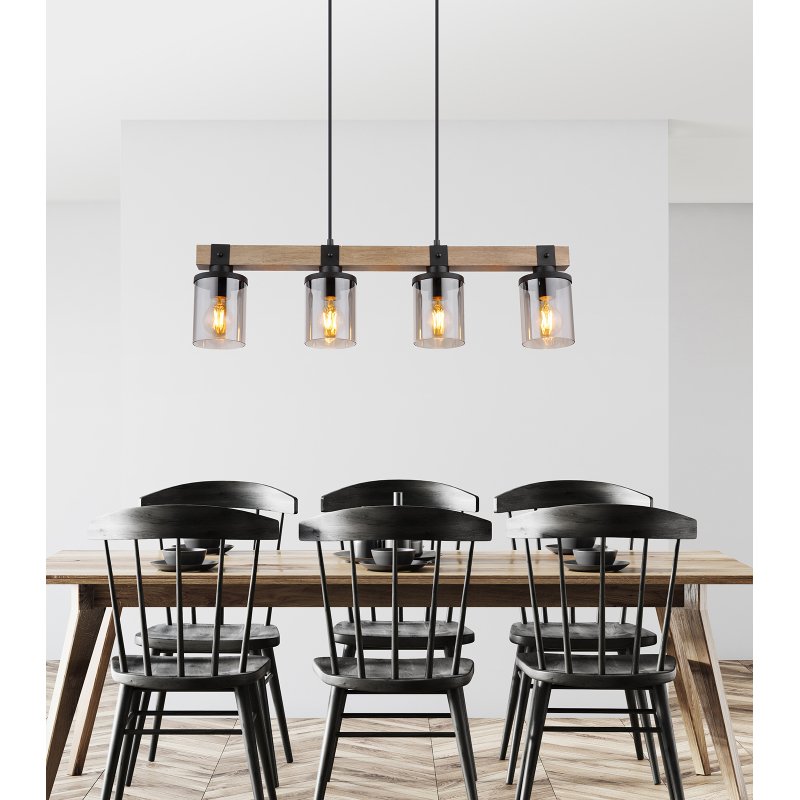 lila-15555-4h-g28096-6 Corp de iluminat suspendat metal negru mat, lemn maro închis, sticlă fumurie, cablu PVC negru, L x l x I: 730x100x1330mm, fără becuri 4xE27 60W 230V - imagine 1
