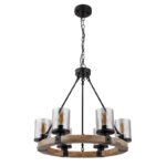 Corp de iluminat suspendat metal negru mat, lemn maro închis, sticlă fumurie, cablu PVC negru, ø: 590 mm, I: 980 mm, fără becuri 6x E27 60W 230V - imagine 3