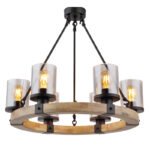 Corp de iluminat suspendat metal negru mat, lemn maro închis, sticlă fumurie, cablu PVC negru, ø: 590 mm, I: 980 mm, fără becuri 6x E27 60W 230V - imagine 4