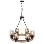Corp de iluminat suspendat metal negru mat, lemn maro închis, sticlă fumurie, cablu PVC negru, ø: 590 mm, I: 980 mm, fără becuri 6x E27 60W 230V - imagine 5