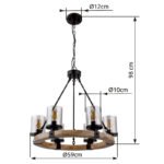 Corp de iluminat suspendat metal negru mat, lemn maro închis, sticlă fumurie, cablu PVC negru, ø: 590 mm, I: 980 mm, fără becuri 6x E27 60W 230V - imagine 6