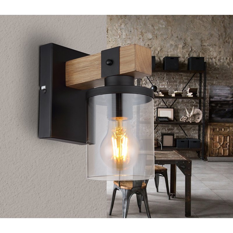 lila-15555w-g27761-5 Aplică metal negru mat, lemn maro închis, sticlă fumurie, l x I: 100x225mm, A: 170mm, fără bec 1x E27 60W 230V - imagine 1
