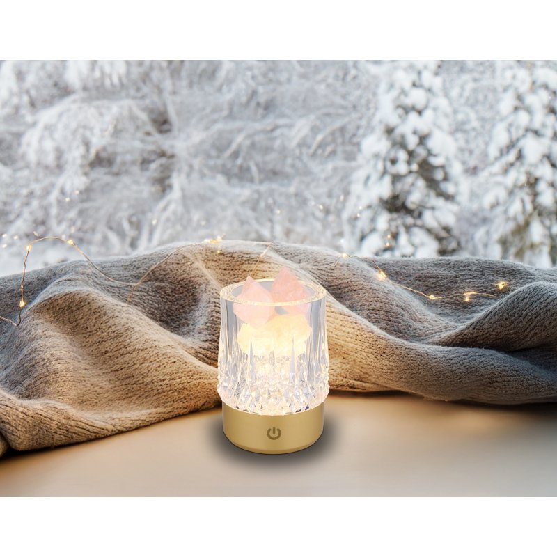 lizzy-21044-g29867-6 Lampă de masă plastic auriu mat, transparent efect cristal, pietre decorative roz (incl.), touch on/off, dimmer, excl. adaptor, USB-A 2.0/USB-C, se aprinde în timpul încărcării, ø: 78mm, H: 105mm, incl. LED 1W 230V, 110lm sursă, 95lm ieșire, 3000K - imagine 1