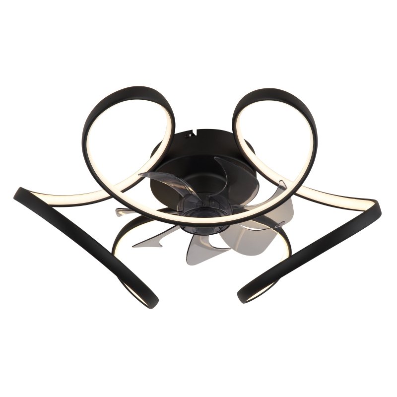 loris-03638-g28999 Ventilator de tavan metal negru mat, acril opal, plastic transparent, dimmable, mai multe niveluri prin comutator de perete, memorie, telecomandă, 25m², ø: 560mm, H: 210mm, incl. LED 30W 230V, 400-4000lm sursă, 220-2200lm ieșire, CCT 3000-6000K - imagine 1
