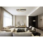 Plafonieră metal negru mat, metal auriu, plastic alb, comutator de funcție prin comutator de perete, funcție de memorie, L x l x I: 930x585x102mm, 1 cerc ø:39,5 cm, 2 cercuri ø:58,5 cm, incl. LED 54W 230V, sursă 5706lm, ieșire 2560lm, 3000K