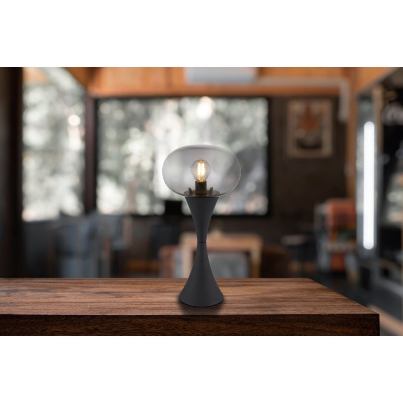 lula-21027s-g29412-6 Lampă de masă metal negru mat, sticlă fumurie, cablu PVC negru, comutator basculant pe cablu, ø: 180mm, H: 369mm, lungime cablu 1500mm, excl. 1x E14 25W 230V - imagine 1
