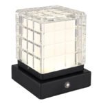 Lampă de masă metal negru mat, acrilic transparent, finisaj satinat, reglabilă, variator tactil continuu, USB-A 2.0 - USB-C, baterie inclusă CR18650 1800mAh 3.7V, LxlxH : 100x100x100mm, LED 2.5W 5V, sursa 243lm, iesire 206lm, CCT 2700/6500/4000K