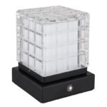 Lampă de masă metal negru mat, acrilic transparent, finisaj satinat, reglabilă, variator tactil continuu, USB-A 2.0 - USB-C, baterie inclusă CR18650 1800mAh 3.7V, LxlxH : 100x100x100mm, LED 2.5W 5V, sursa 243lm, iesire 206lm, CCT 2700/6500/4000K - imagine 4