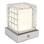 Lampă de masă metal nichel mat, acril transparent, finisaj satinat, reglabilă, variator tactil continuu, USB-A 2.0 - USB-C, baterie inclusă CR18650 1800mAh 3.7V, LxlxH : 100x100x100mm, cu LED 2.5W 5V, sursa 243lm, iesire 206lm, CCT 2700/6500/4000K