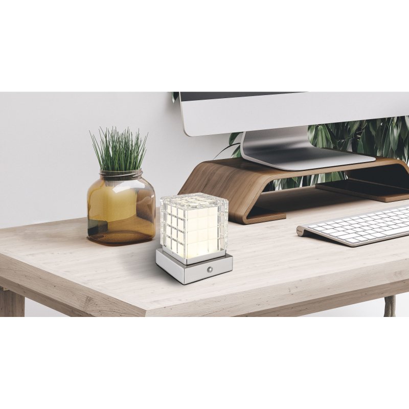 lunki-21009w-g28587-6 Lampă de masă metal nichel mat, acril transparent, finisaj satinat, reglabilă, variator tactil continuu, USB-A 2.0 - USB-C, baterie inclusă CR18650 1800mAh 3.7V, LxlxH : 100x100x100mm, cu LED 2.5W 5V, sursa 243lm, iesire 206lm, CCT 2700/6500/4000K - imagine 1