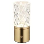 Lampă de masă metal de culoare alamă, acrilic transparent, tactil on/off, reglabil, variator tactil continuu, USB-A 2.0 - USB-C, baterie inclusă CR18650 1800mAh 3.7V, ø: 80mm, H: 190 mm, LED 2,5 W 5V, sursă 243 lm, ieșire 185 lm, CCT 2700/6500/4000K