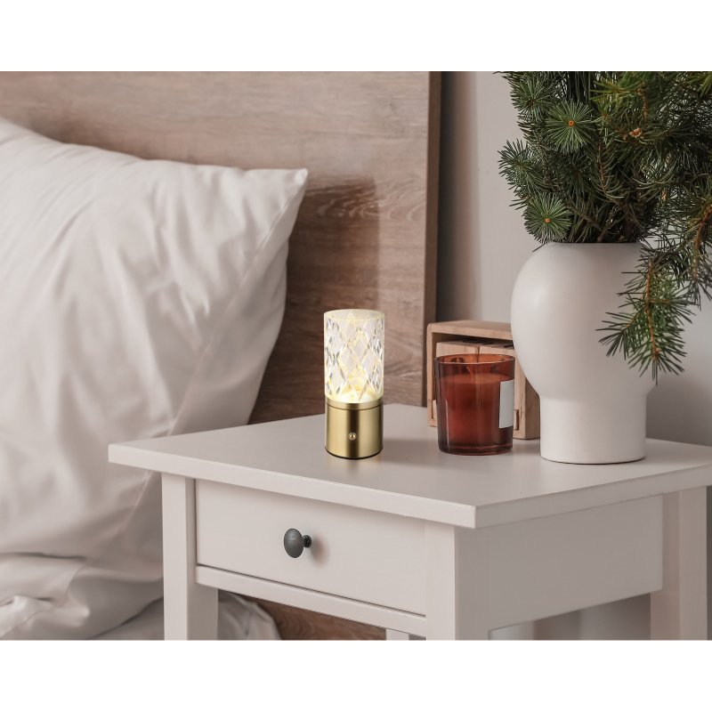 lunki-21010m-g28588-6 Lampă de masă metal de culoare alamă, acrilic transparent, tactil on/off, reglabil, variator tactil continuu, USB-A 2.0 - USB-C, baterie inclusă CR18650 1800mAh 3.7V, ø: 80mm, H: 190 mm, LED 2,5 W 5V, sursă 243 lm, ieșire 185 lm, CCT 2700/6500/4000K - imagine 1