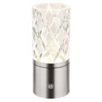 Lampa de masa metal nichel mat, crom, acrilic transparent, touch on/off, dimmerabil, variator tactil continuu, USB-A 2.0 - USB-C, baterie inclusa CR18650 1800mAh 3.7V, ø: 80mm , H: 190mm, cu LED 2.5W 5V, sursa 243lm, iesire 185lm, CCT 2700/6500/4000K