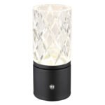 Lampa de masa metal negru mat, acrilic transparent, touch on/off, dimmerabil, variator tactil continuu, USB-A 2.0 - USB-C, baterie inclusa CR18650 1800mAh 3.7V, ø: 80mm, H : 190 mm, cu LED 2,5W 5V, sursă 243 lm, ieșire 185 lm, CCT 2700/6500/4000K