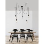 Suspensie metal negru, textil negru, plastic, lungime cabluri 2m sau 1,5m, D: 150, excl 5xE27 60W 230V