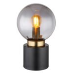 Lampă de masă metal negru mat, metal alamă mată, sticlă fumurie, comutator pe cablu, ø: 150mm, I: 245mm, lungime cablu 1500mm, fără 1x E14 25W 230V