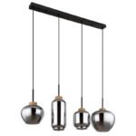 Lampă cu suspensie metal negru mat, sticlă fumurie, cânepă naturală, cablu PVC negru, 4 forme diferite de sticlă, L x l x I: 960x230x1200mm, sticlă-ø: 1x 18,5cm, 12cm, 16cm, 23cm fiecare, fără 4x E27 40W 230V - imagine 3