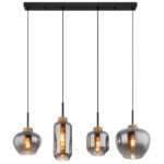 Lampă cu suspensie metal negru mat, sticlă fumurie, cânepă naturală, cablu PVC negru, 4 forme diferite de sticlă, L x l x I: 960x230x1200mm, sticlă-ø: 1x 18,5cm, 12cm, 16cm, 23cm fiecare, fără 4x E27 40W 230V - imagine 4