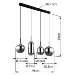 Lampă cu suspensie metal negru mat, sticlă fumurie, cânepă naturală, cablu PVC negru, 4 forme diferite de sticlă, L x l x I: 960x230x1200mm, sticlă-ø: 1x 18,5cm, 12cm, 16cm, 23cm fiecare, fără 4x E27 40W 230V - imagine 6