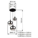 Corp de iluminat suspendat metal negru mat, sticlă fumurie, cablu textil negru, ø: 480 mm, I: 1200 mm, diametru sticlă: 1 x 18, 24, 29 cm, fără becuri 3xE27 40W 230V - imagine 6