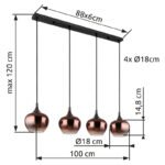 Lampă suspendată metal negru mat, metal negru-cromat, sticlă de culoare cupru, gradient transparent, cablu textil negru, LxLxA: 1000x180x1200mm, fără 4x E27 40W 230V - imagine 6