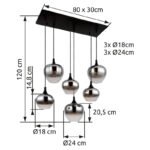 Corp de iluminat cu suspensie metal negru mat, sticlă fumurie, cablu textil negru, L x l x I: 860x420x1200mm, diametru sticlă: 3x18 și 3x24 cm, fără becuri 6x E27 40W 230V - imagine 6